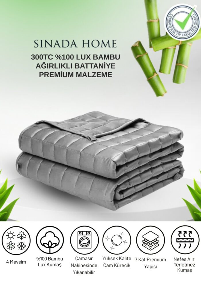 Sinada %100 Bambu Kumaş + 300 TC %100 Organik Bambu Dolgulu 30 Derecede Yıkanabilir Ağırlıklı Battaniye (Dört Mevsim)